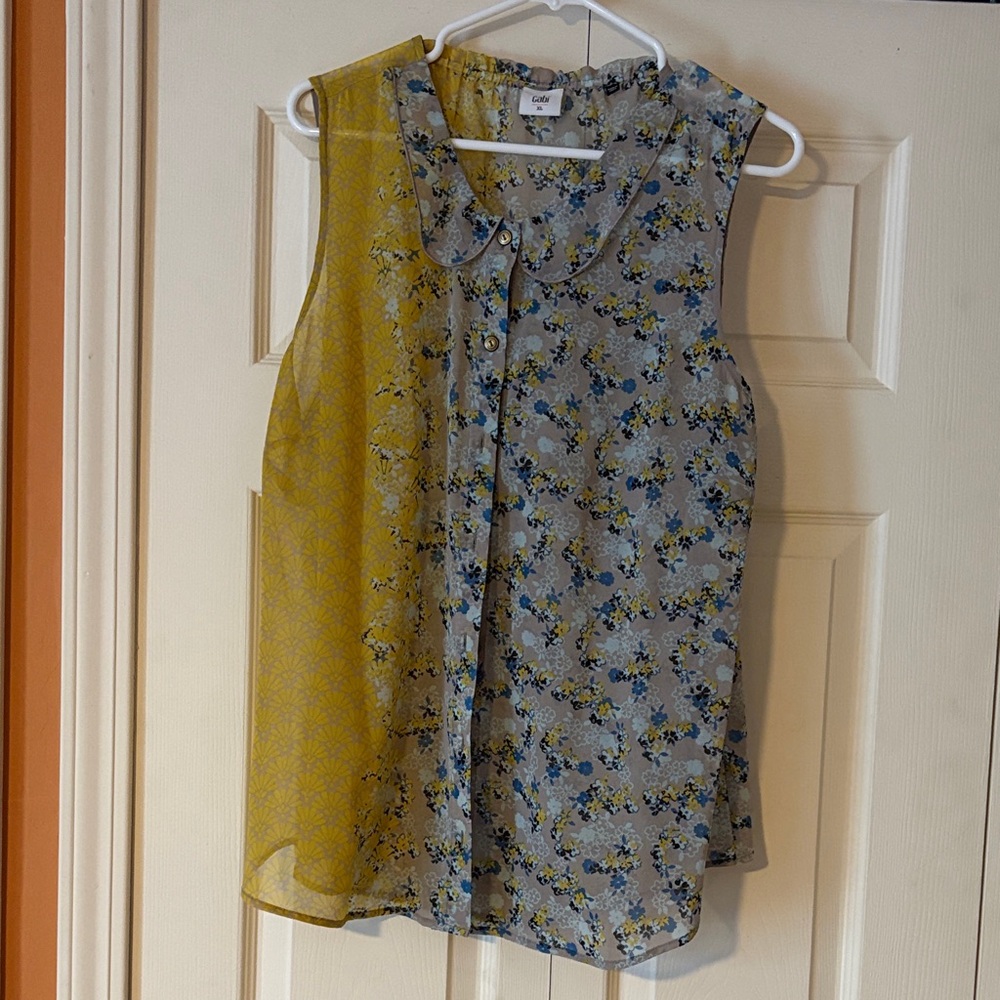 CAbi Style #5221 Offsides Blouse Floral Sleeveless Blouse - Blue & Yellow Sheer